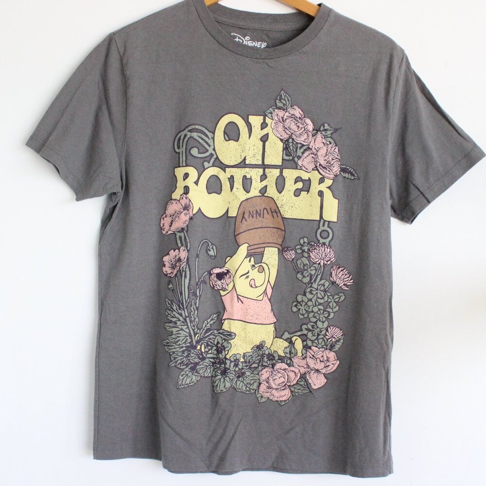 Disney Women's Pooh Screen Graphic T Shirt Embroidered Roses Grey Cotton Sz M